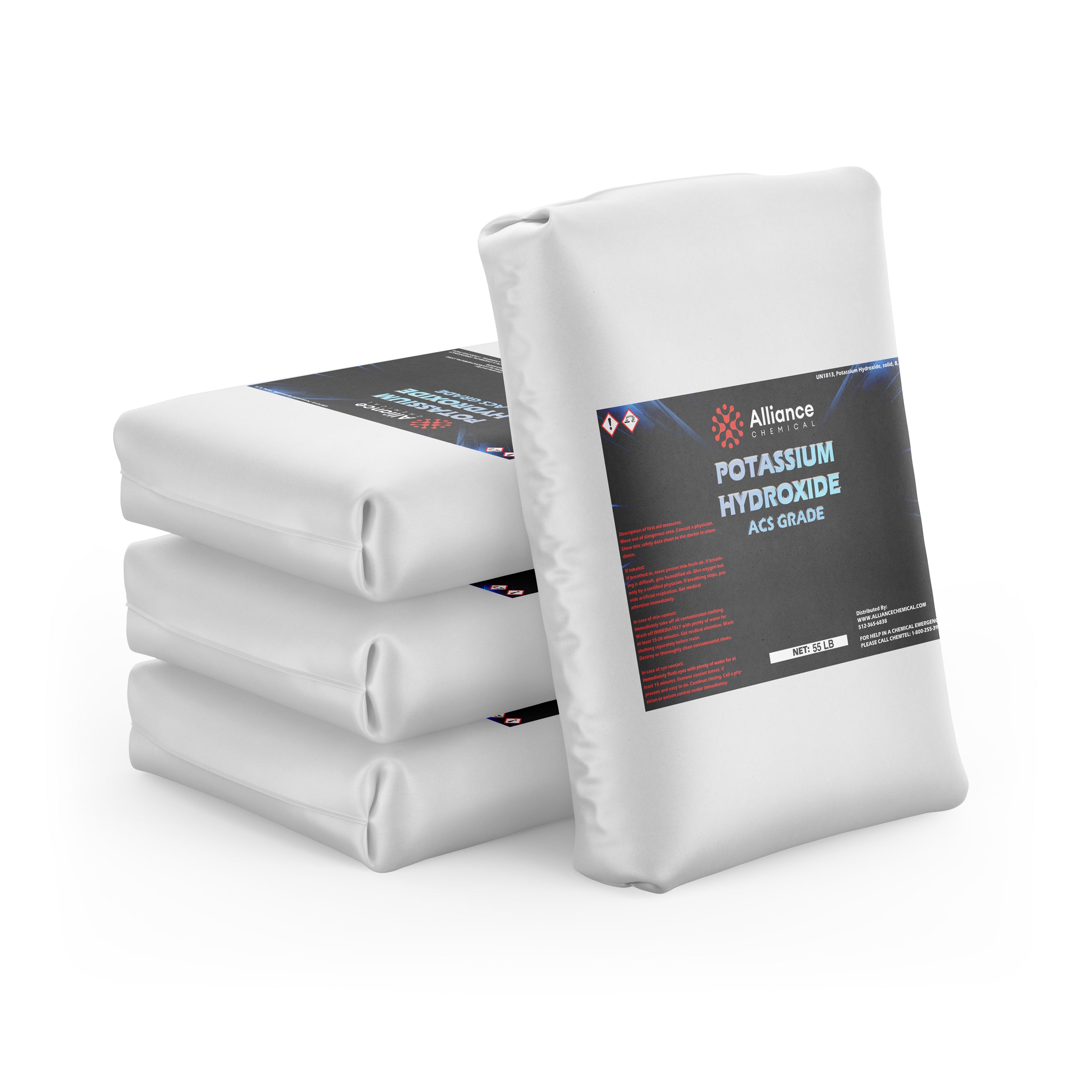 55lb white industrial bags of ACS-grade potassium hydroxide flakes from Alliance Chemical, stacked with GHS hazard symbols visible on black label.